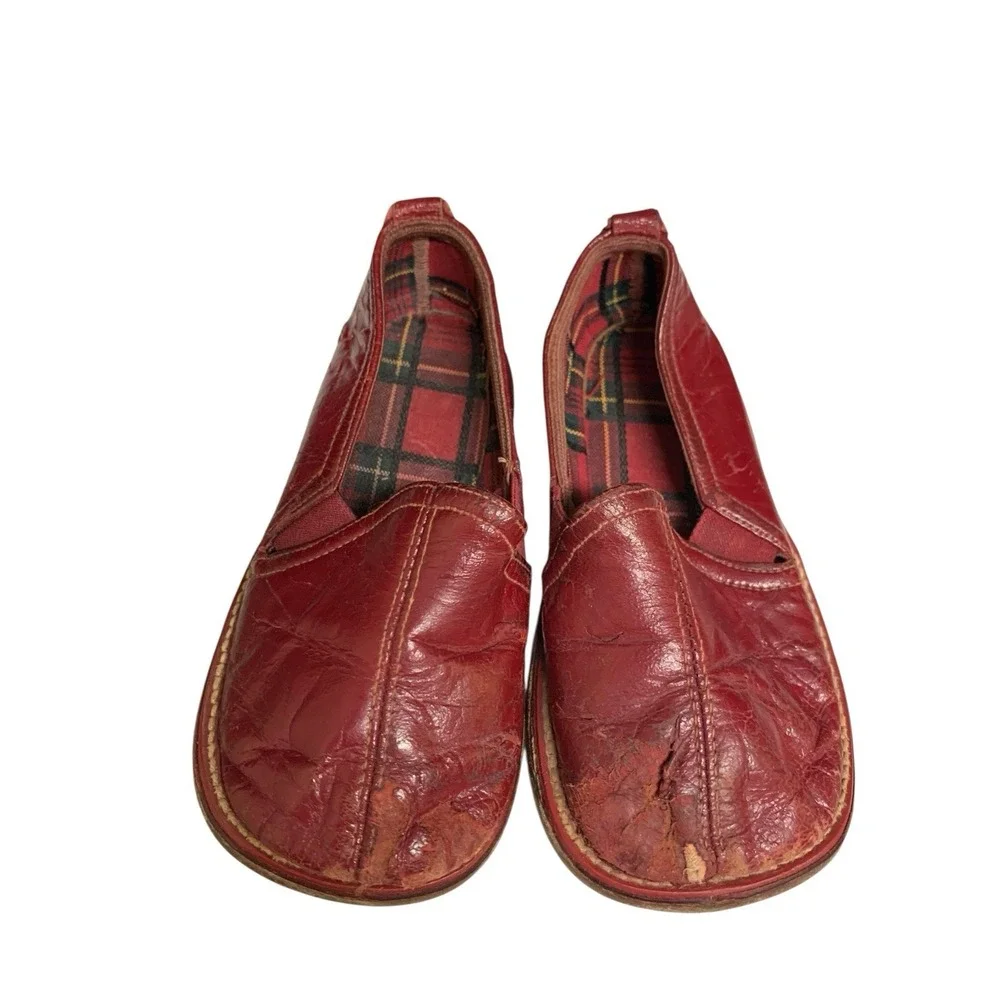 Vintage Red Leather Toddler Baby Shoes Slippers Plaid Lining Slip On USA